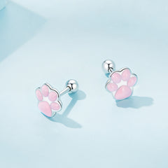 Silver & Pink Paw Print Stud Earrings