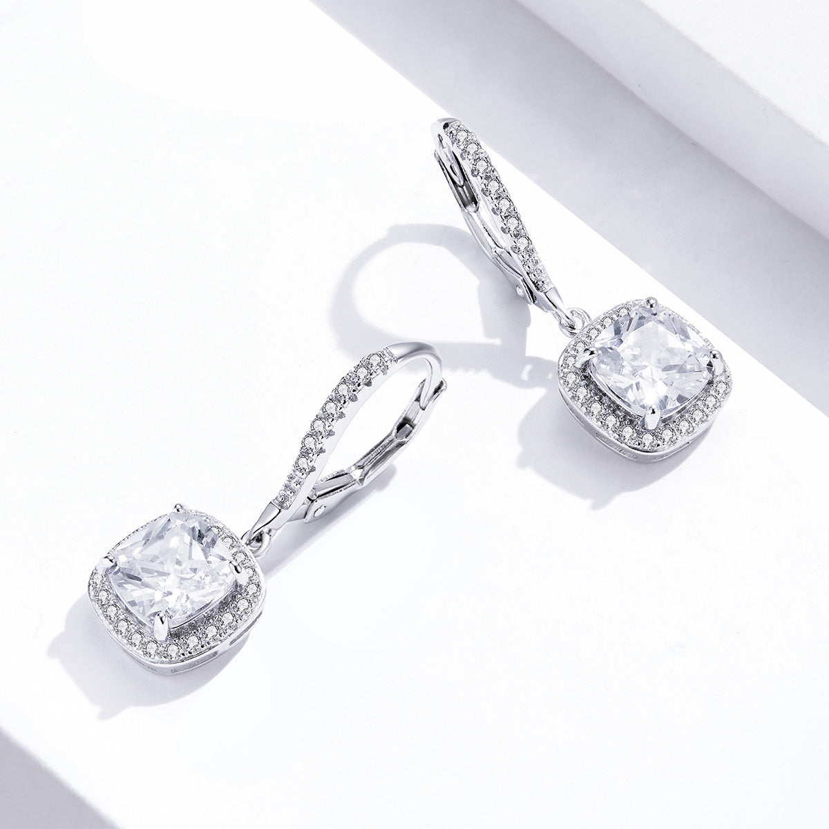 Square Silver CZ Drop Earrings