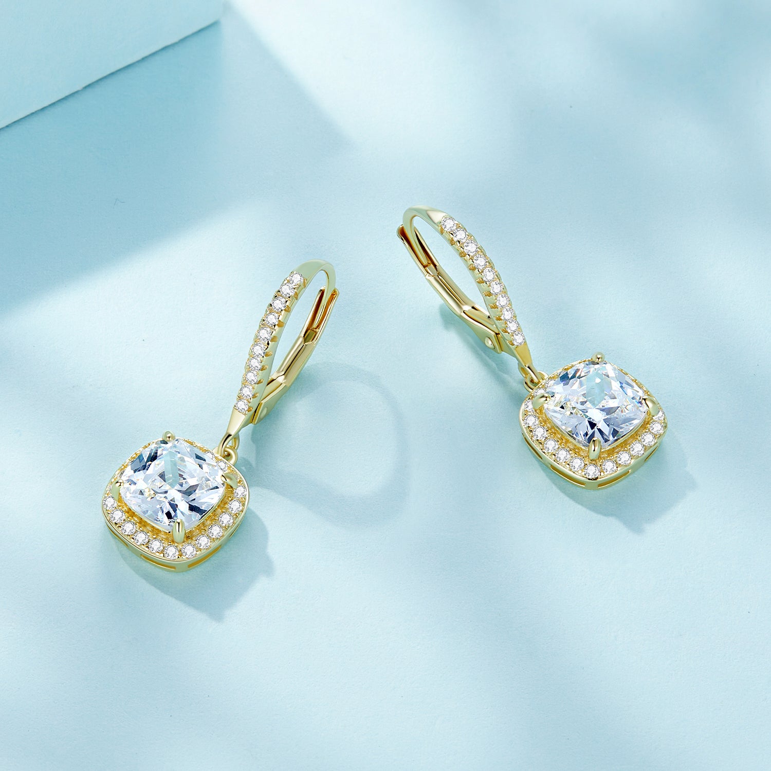 Square Gold CZ Drop Earrings