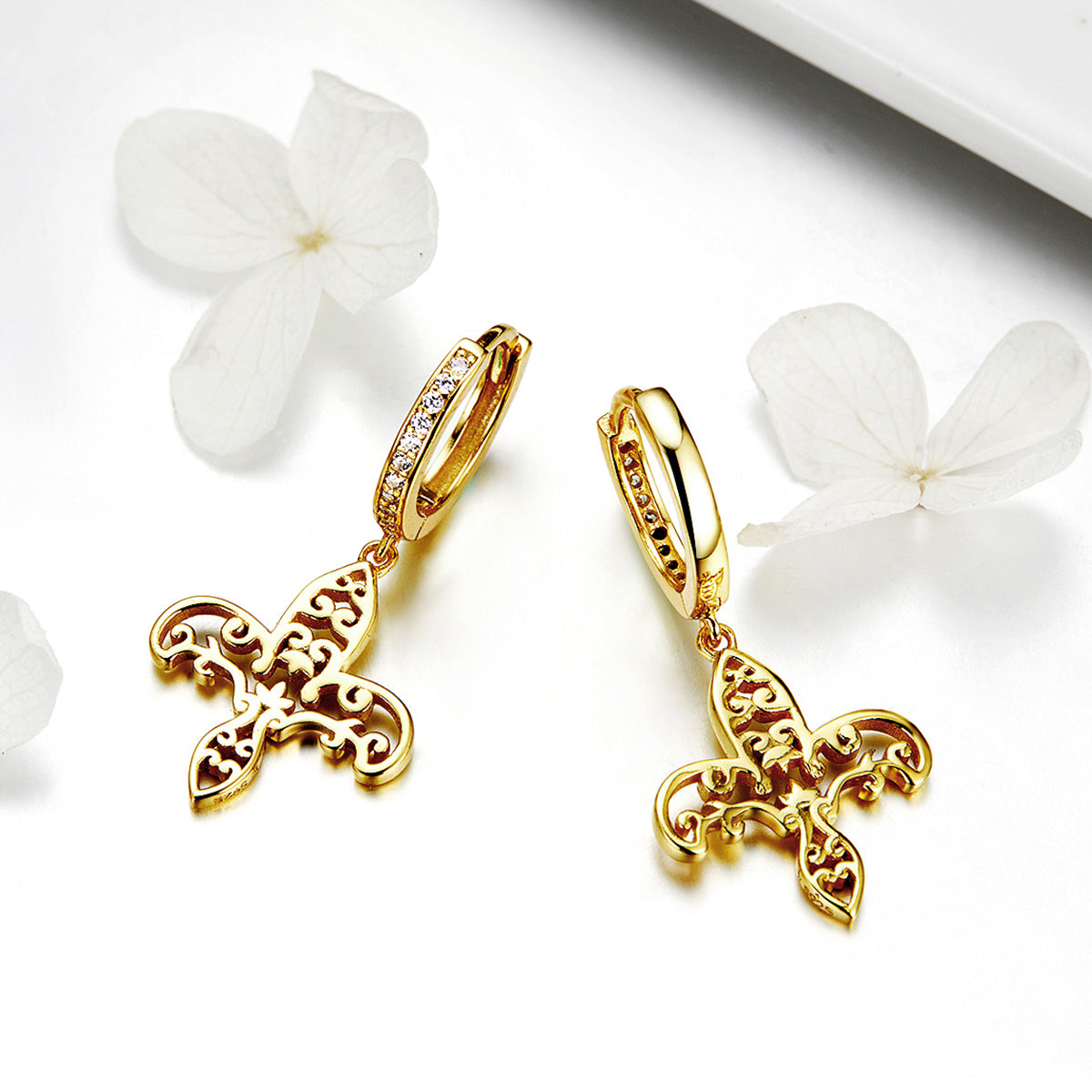 Gold Iris Dangly Earrings